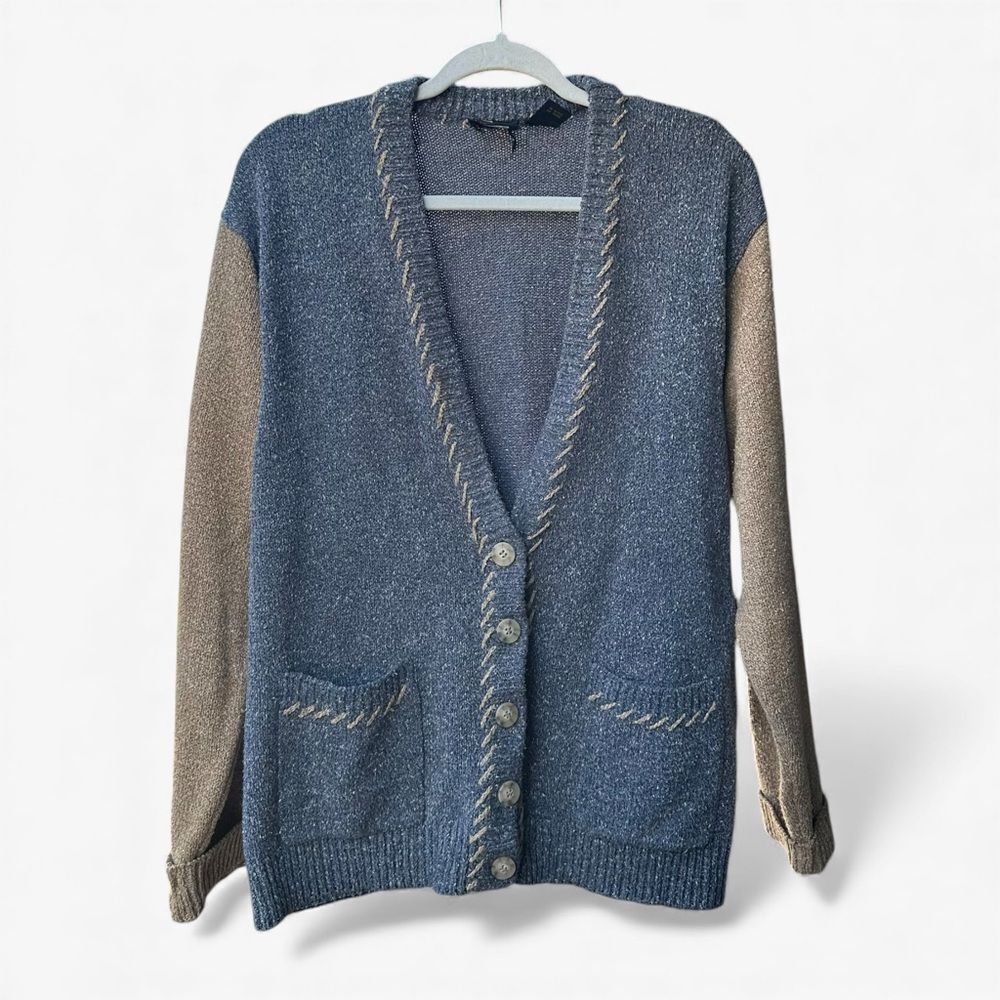 Vintage 90s Liz Sport Cardigan Women M Blue Tan Colorblock Grandpa Sweater Knit